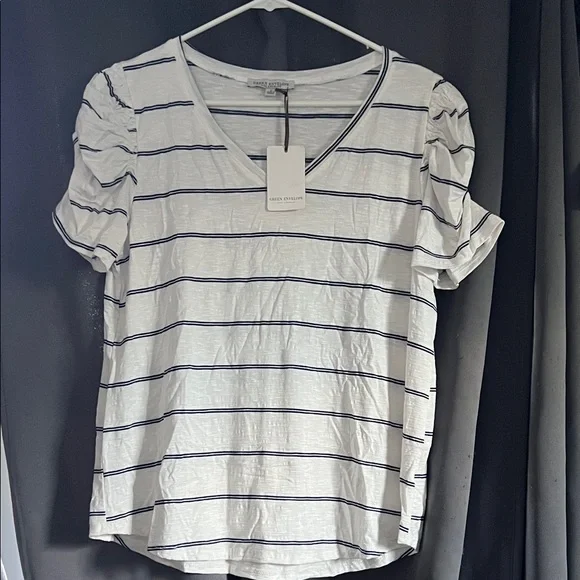 Green Envelope White and Black Striped Short Sleeve Top - Picture 1 of 1